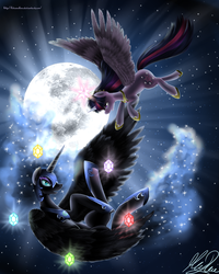 Size: 4000x5000 | Tagged: safe, artist:kitsunehino, nightmare moon, twilight sparkle, alicorn, pony, g4, elements of harmony, female, flying, mare, moon, night, night sky, signature, sky, stars, twilight sparkle (alicorn)