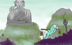 Size: 1024x640 | Tagged: safe, artist:kixalin, lyra heartstrings, g4, buddha, buddhism, manji, monk, religion, training