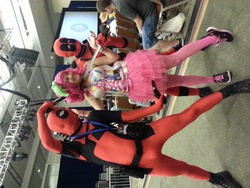 Size: 3264x2448 | Tagged: safe, pinkie pie, human, bronycon, g4, cosplay, deadpool, gun, irl, irl human, photo, sideways image, the fun has been doubled