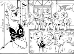 Size: 800x582 | Tagged: safe, artist:andy price, idw, official comic, 8-bit (g4), buck withers, gaffer, gizmo, shining armor, g4, spoiler:comic, spoiler:comic11, comic, monochrome