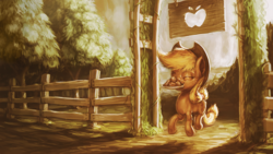 Size: 1920x1080 | Tagged: safe, artist:assasinmonkey, applejack, earth pony, pony, g4, apple fritter (food), eyes closed, female, fence, food, mouth hold, solo