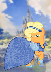 Size: 501x695 | Tagged: safe, artist:aliceingjabberwocky, applejack, earth pony, pony, g4, applejack also dresses in style, blonde, castle, cinderella, clothes, crossover, disney, disney princess, dress, female, gown, hatless, mare, missing accessory, princess applejack, smiling, smirk, solo