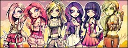 Size: 960x365 | Tagged: safe, artist:einnharder, applejack, fluttershy, pinkie pie, rainbow dash, rarity, twilight sparkle, human, g4, humanized, line-up, mane six, suspenders