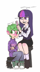 Size: 480x853 | Tagged: safe, artist:hello, spike, twilight sparkle, human, g4, blushing, brushing, clothes, converse, grooming, humanized, korean, mama twilight, mothers gonna mother, shoes, spikelove, sweater, translated in the comments