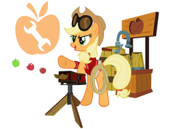 Size: 1024x768 | Tagged: dead source, safe, artist:hobofortress, applejack, earth pony, pony, g4, apple, bipedal, engiejack, engineer, engineer (tf2), female, food, mare, solo, team fortress 2, turret