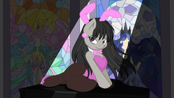 Size: 5760x3240 | Tagged: safe, artist:beavernator, artist:joey darkmeat, octavia melody, earth pony, pony, semi-anthro, g4, absurd resolution, bunny suit, clothes, female, leotard, musical instrument, pantyhose, piano, playboy bunny, side-sitting, solo, wallpaper, wallpaper for the fearless, wide hips