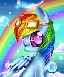 Size: 2500x3000 | Tagged: safe, artist:aquagalaxy, rainbow dash, g4, bubble, cloud, cloudy, female, goggles, portrait, rainbow, solo