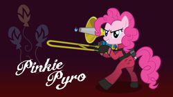 Size: 1024x576 | Tagged: dead source, safe, artist:hobofortress, pinkie pie, earth pony, pony, g4, bipedal, cutie mark background, female, mare, musical instrument, pinkie pyro, pyro (tf2), solo, team fortress 2, trombone