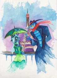 Size: 2550x3501 | Tagged: safe, artist:azurainalis, queen chrysalis, changeling, changeling queen, semi-anthro, g4, a monster in paris, clothes, crossover, duo, eiffel tower, looking at each other, paris, profile, rose, traditional art, umbrella, watercolor painting