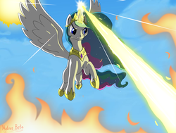 Size: 1144x866 | Tagged: safe, artist:hydrusbeta, princess celestia, g4, female, fire, laser, laser beam, magic, magic blast, smiting, solar beam, solo