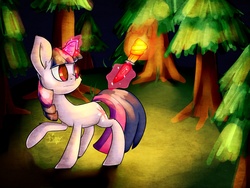 Size: 1280x960 | Tagged: safe, artist:lizzyoli-ravioli, twilight sparkle, g4, female, forest, solo, torch