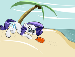 Size: 2000x1500 | Tagged: safe, artist:malwinters, rarity, crab, giant crab, g4, beach, crab fighting a giant rarity, glasses, rarity fighting a giant crab