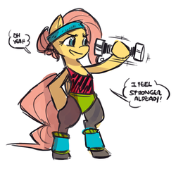 Size: 680x654 | Tagged: safe, artist:herny, fluttershy, pony, g4, bipedal, clothes, exercise, female, headband, lifting, shake weight, solo, workout