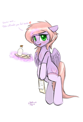 Size: 739x1082 | Tagged: dead source, safe, artist:xcopyen002, oc, oc only, pony, bipedal, clothes, cute, medicine, solo, stockings