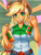 Size: 700x933 | Tagged: safe, artist:racoonsan, applejack, equestria girls, g4, my little pony equestria girls, applejack's hat, belt, bottle, canterlot high, clothes, cowboy hat, denim skirt, female, freckles, gymnasium, hat, looking at you, ponied up, pony ears, shirt, skirt, smiling, solo