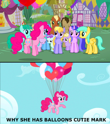 Size: 1919x2160 | Tagged: safe, edit, edited screencap, screencap, aura (g4), cloud kicker, dinky hooves, dizzy twister, doctor whooves, liza doolots, meadow song, minuette, orange swirl, petunia, pinkie pie, sassaflash, sea swirl, seafoam, spring melody, sprinkle medley, sunshower raindrops, time turner, tootsie flute, g4, balloon, floating, image macro, meme, then watch her balloons lift her up to the sky