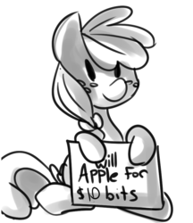 Size: 732x846 | Tagged: dead source, safe, artist:fauxsquared, applejack, g4, female, grayscale, monochrome, sign, sitting, solo, will x for y