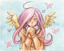 Size: 3000x2400 | Tagged: safe, artist:sotwnisey, fluttershy, human, g4, clothes, female, hair over one eye, humanized, solo, spread wings, sweater, sweatershy, winged humanization, wings
