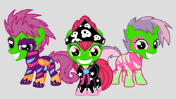 Size: 763x432 | Tagged: safe, artist:death-driver-5000, apple bloom, scootaloo, sweetie belle, g4, the show stoppers, bandana, clothes, cutie mark crusaders, face paint, gray background, show stopper outfits, simple background, the mask