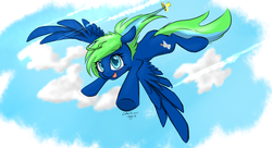 Size: 1210x660 | Tagged: dead source, safe, artist:xcopyen002, oc, oc only, pegasus, pony, cloud, cute, female, filly, flying, sky, solo