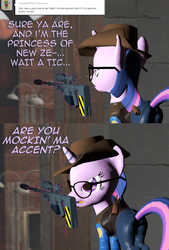 Size: 735x1087 | Tagged: safe, artist:php74, twilight sparkle, pony, unicorn, g4, 3d, ask, butt, female, glasses, glowing horn, gmod, gun, hooves, horn, levitation, magic, mare, open mouth, optical sight, plot, rifle, sniper rifle, team fortress 2, telekinesis, text, tumblr, twilight sniper, weapon