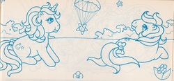 Size: 1100x513 | Tagged: safe, moondancer (g1), posey, earth pony, pony, unicorn, g1, official, coloring book, duo, female, flower, horn, italian coloring book, mare, parachute, stars