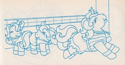 Size: 1100x570 | Tagged: safe, earth pony, pony, unicorn, g1, official, coloring book, filly, italian coloring book, scan