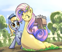 Size: 1150x959 | Tagged: safe, artist:gsphere, derpy hooves, fluttershy, monster pony, original species, snail, snail pony, g4, bag, eyes closed, fluttersnail, mail, open mouth, open smile, pun, saddle bag, smiling, snail mail, snailified, species swap, underp, visual pun, wat