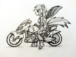 Size: 3264x2448 | Tagged: safe, artist:theonlycountfilth, rainbow dash, pegasus, pony, semi-anthro, g4, amputee, augmented, female, mare, monochrome, motorcycle, profile, prosthetic limb, prosthetic wing, prosthetics, simple background, sitting, solo, spread wings, traditional art, white background, wings