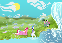 Size: 2480x1754 | Tagged: safe, artist:kouenli, fizzy, galaxy (g1), gingerbread, twinkle eyed pony, g1, meadow, prone, waterfall