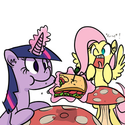 Size: 1280x1280 | Tagged: safe, artist:whydomenhavenipples, fluttershy, twilight sparkle, g4, eating, female, gasp, magic, omnivore twilight, ponies eating meat, sandwich, scared, table, tomato, voyeur