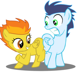 Size: 954x880 | Tagged: safe, artist:jcking101, edit, soarin', spitfire, pegasus, pony, g4, base used, butt bump, butt to butt, butt touch, colt, colt soarin', female, filly, filly spitfire, grin, gritted teeth, male, no tail, ship:soarinfire, shipping, simple background, smiling, straight, teeth, white background, wings, younger