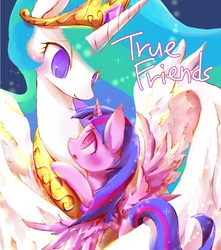 Size: 1000x1131 | Tagged: safe, artist:kolshica, princess celestia, twilight sparkle, alicorn, pony, g4, cute, female, holding a pony, hug, mare, size difference, twilight sparkle (alicorn)