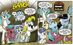 Size: 1036x647 | Tagged: safe, idw, official comic, firefly, glory, princess celestia, professor inkwell, skydancer, surprise, alicorn, pegasus, pony, unicorn, g1, g4, spoiler:comic, spoiler:comicm08, female, filly, foal, g1 to g4, generation leap, mare, rainbow hair