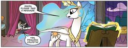 Size: 993x372 | Tagged: safe, idw, princess celestia, raven, alicorn, pony, unicorn, g4, micro-series #8, my little pony micro-series, book, dialogue, duo, duo female, female, glasses, horn, jewelry, lectern, magic, mare, peytral, ravenbetes, tiara, window, wings