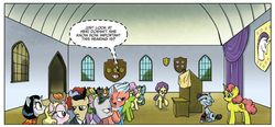 Size: 1008x469 | Tagged: safe, idw, chance, floribunda, giddilee, petalbow, princess celestia, professor inkwell, roan swansong, earth pony, pony, unicorn, g4, micro-series #8, my little pony micro-series, background pony, bored, crowd, elderly, female, floppy ears, frown, generic pony, glare, male, mare, open mouth, raised hoof, sitting, stallion, unamused, unnamed character, unnamed pony, worried