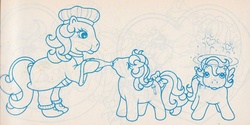 Size: 1100x548 | Tagged: safe, baby cuddles, baby medley, g1, official, coloring book, filly, italian coloring book, monochrome