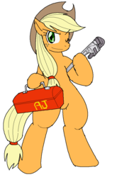Size: 616x936 | Tagged: safe, artist:tetsutowa, applejack, earth pony, pony, g4, bipedal, engineer, female, my battle pony, simple background, solo, toolbox, white background, wrench