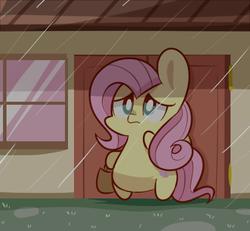 Size: 500x461 | Tagged: safe, artist:php56, fluttershy, pony, g4, bag, bipedal, chibi, cute, female, frown, looking up, rain, sad, solo