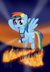 Size: 750x1065 | Tagged: safe, artist:phallen1, rainbow dash, g4, back to the future, crossover, female, fire, flux capacitor, parody, solo, sunglasses