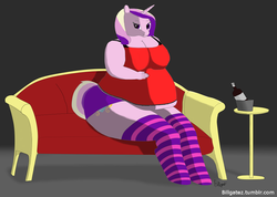 Size: 977x696 | Tagged: safe, artist:billgatez, princess cadance, anthro, unguligrade anthro, g4, alcohol, bbw, belly, big belly, big breasts, bingo wings, bipedal, breasts, chair, clothes, couch, fat, female, huge butt, large belly, large butt, nightgown, obese, panties, princess decadence, rolls of fat, simple background, socks, solo, striped socks, underwear, wide hips, wine