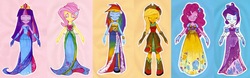 Size: 6647x2075 | Tagged: safe, artist:antych, applejack, fluttershy, pinkie pie, rainbow dash, rarity, twilight sparkle, equestria girls, g4, bare shoulders, beautiful, clothes, dress, fall formal outfits, line-up, mane six, sleeveless, strapless