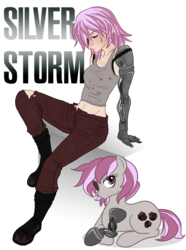 Size: 1035x1390 | Tagged: dead source, safe, artist:the-orator, oc, oc only, oc:hired gun, cyborg, earth pony, human, pony, fallout equestria, fallout equestria: heroes, amputee, belly button, eyepatch, female, humanized, mare, midriff, prosthetic arm, prosthetic leg, prosthetic limb, prosthetics, solo