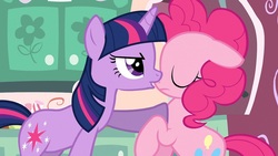 Size: 1280x720 | Tagged: safe, screencap, pinkie pie, twilight sparkle, g4, green isn't your color, hind legs, imminent kissing, out of context