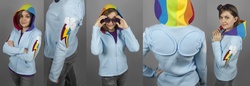 Size: 2506x864 | Tagged: safe, artist:shoriameshiko, rainbow dash, human, g4, clothes, cutie mark, hoodie, irl, irl human, photo