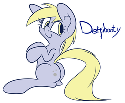 Size: 714x590 | Tagged: safe, artist:extradan, derpy hooves, pegasus, pony, g4, butt, buttcheeks, female, mailmare, mailpony, mare, plot, sitting, solo