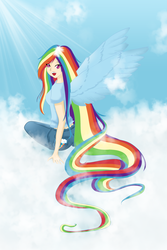 Size: 2262x3382 | Tagged: safe, artist:baka-lisy, rainbow dash, human, g4, cloud, cloudy, female, humanized, long mane, solo, winged humanization