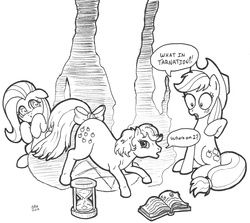 Size: 1120x1000 | Tagged: safe, artist:abronyaccount, applejack, applejack (g1), fluttershy, earth pony, pony, g1, g4, black and white, book, bow, female, g1 to g4, generation leap, generational ponidox, grayscale, hourglass, mare, monochrome, simple background, speech bubble, tail bow, text, traditional art, white background
