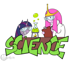 Size: 1553x1312 | Tagged: safe, artist:aeritus, twilight sparkle, pony, g4, adventure time, crossover, curved horn, female, goggles, horn, male, mare, princess bubblegum, science, simple background, smiling, that pony sure does love science, transparent background