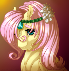 Size: 915x941 | Tagged: safe, artist:kittehkatbar, fluttershy, g4, female, floral head wreath, portrait, solo, thick eyebrows